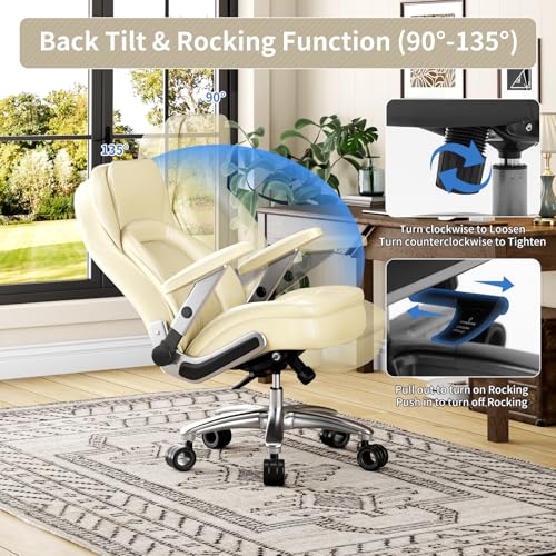 Big and Tall Office Chair, Heavy Duty Desk Chair with 5D Arms, Adjustable Lumbar Support & Height, Tilt Function, PU Leather High Back Ergonomic Executive Computer Chair - color: Beige