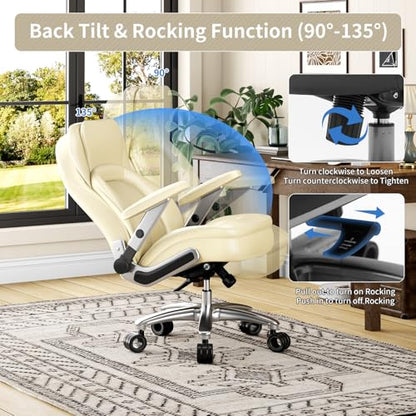 Big and Tall Office Chair, Heavy Duty Desk Chair with 5D Arms, Adjustable Lumbar Support & Height, Tilt Function, PU Leather High Back Ergonomic Executive Computer Chair - color: Beige
