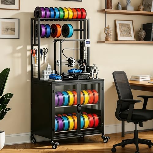 3D Printer Stand with Filament Storage, Heavy Duty 29.5" Printer Table Cart with Cabinet, Dustproof & Moisture-Proof Rolling Stand with 360° Wheels for Workshop, Studio, Office, Black