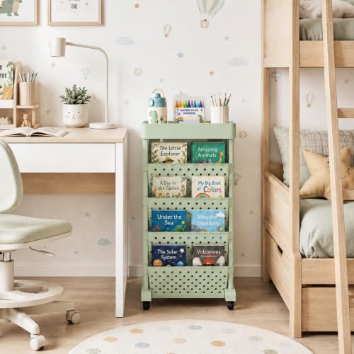 5-Tier Rolling Bookshelf Cart with Wheels, Green - color: Green, size: 5-Tier 26"H