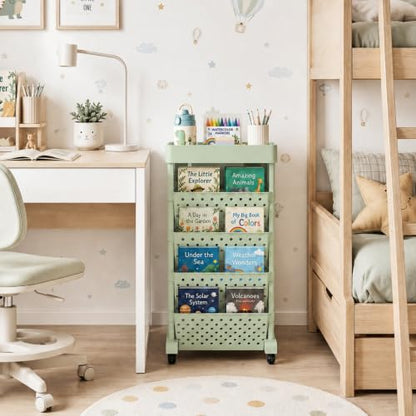 5-Tier Rolling Bookshelf Cart with Wheels, Green - color: Green, size: 5-Tier 26"H
