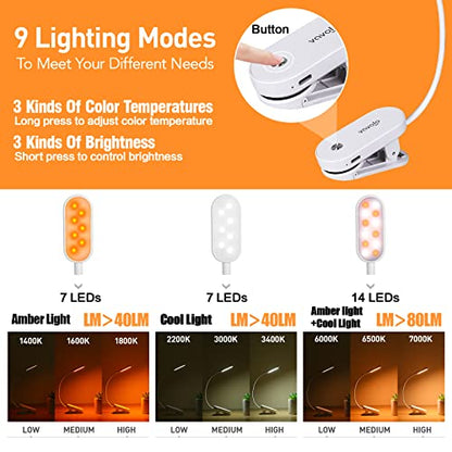 VAVOFO Rechargeable Book Light, 14 LEDs Eye Care Clip On Amber Reading Light for Bookworms Reading in Bed with 9 Colors 9 Brightness (White) - color: White