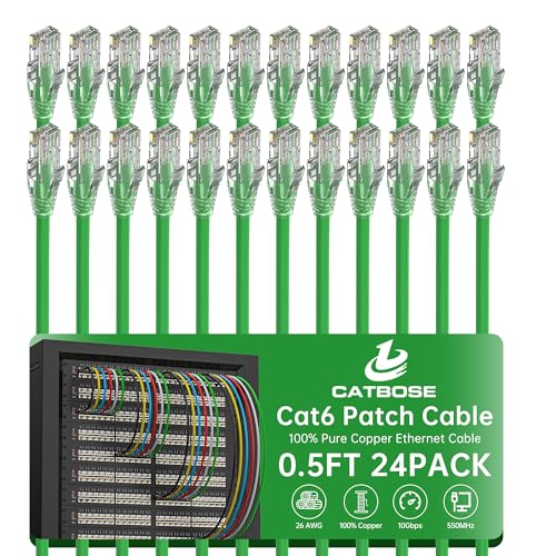 0.5 Foot Cat6 Patch Cables(24 Pack), Solid Pure Copper Patch Cord, Cat 6 Ethernet Cable, UTP Network, High Speed RJ45 Internet Cables, Compatible for Router, Switche, PC, Server, PS4/5, Xbox - Green - color: Green, size: 0.5FT, style: 24 Pack