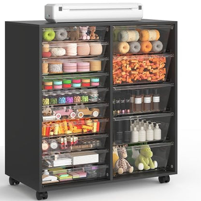 WOPITUES Mobile Storage Cabinet with 15 Clear Drawers, Modern Black | Craft Cabinet with 5 Large Drawers, Cart with Wooden Tabletop, Printer Stand Home Office, Dresser Chest - color: Black, size: 10M+5L