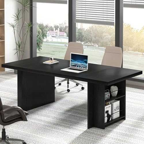 70" Black Computer Desk, Large Executive Desk for Home Office, Modern Wood Conference Table Workstation with Side Storage Shelves, Long Study Writing Gaming Table for 2 Person - color: Black