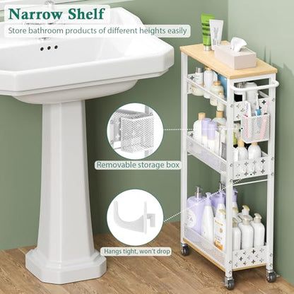 XYZLVSI Slim Rolling Storage Cart, 4 Tier Narrow Shelf for Small Spaces - color: White