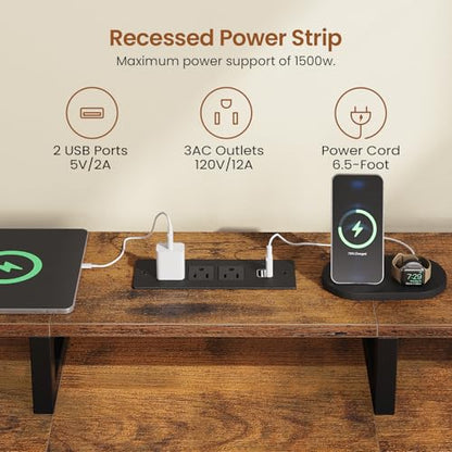 SEDETA 95" 2 Person Gaming Desk with 8 Drawers Storage Shelves,Rustic Brown | Double T Shaped Office Desk with LED Lights, Power Strip with USB & Monitor Stand for Home Office, Bedroom - color: Rustic Brown