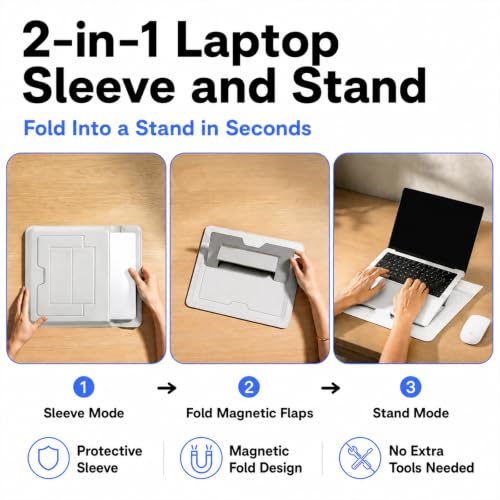 2-in-1 Laptop Sleeve with Stand, 13-14 Inch, PU Leather, Grey