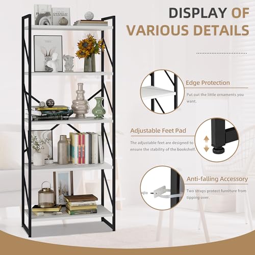 Vongrasig 5 Tier Metal Bookshelf, Narrow Industrial Bookcase, White - color: White