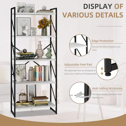 Vongrasig 5 Tier Metal Bookshelf, Narrow Industrial Bookcase, White - color: White