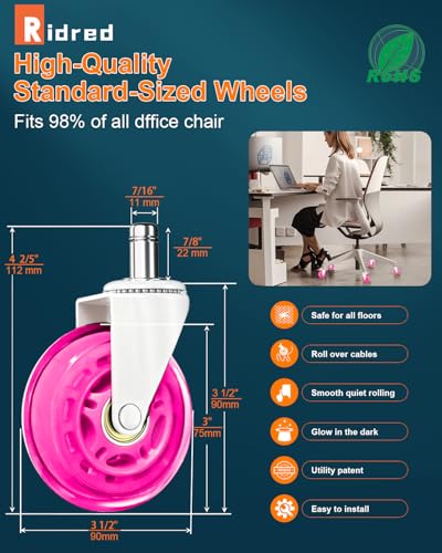 RidRed Office Chair Wheels - Replacement Rubber Wheels - Universal Fit 3 Inch Casters, Heavy-Duty Chair Casters, Noise Free, Fits 98% Chair, for All Floor (5) - color: Pink