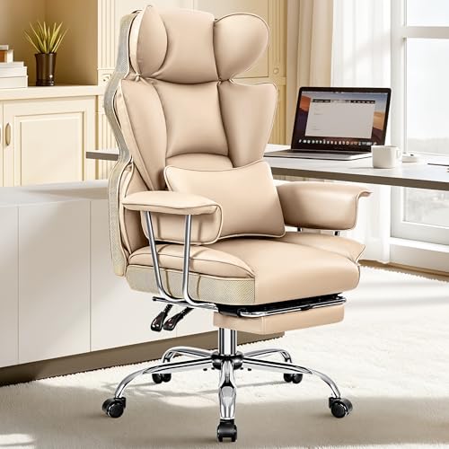 ALLGOD Big and Tall Office Chair 400LBS, Executive Ergonomic Leather Chair with Footrest, Wide Seat Gaming Office Chair with Pocket Spring Cushion, Reclining High Back Computer Desk Chair, Dark Beige - color: Dark Beige, size: 1 Pack