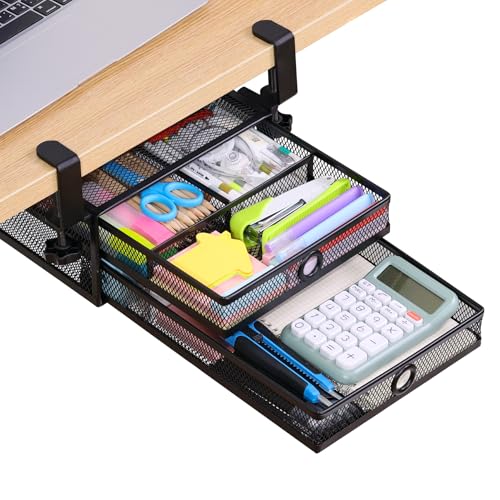 Under Desk Drawer, Clamp on Desk Organizer Slide Out Table Storage No Drill | 2Tier Under desk drawer: clamp on desk organizer, under desk drawer slide out, hanging desk organizer, no drill table storage - color: Black - 2 Tier