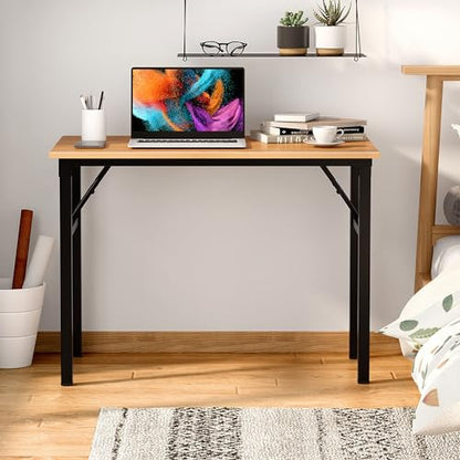 Need Office Computer Desk 39.3 Inch Sturdy Folding Laptop Table Teak | Black Frame Writing Gaming Work Table/Foldable Home Office Desk/Sewing Table, No Assembly Required - color: Teak & Black Frame, size: 39inch