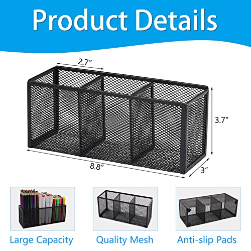 Black Mesh Pen Pencil Holder, Small Metal Desk Organizer Desktop Stationery Office Supplies Acessories Storage Stand, 3 Compartments Brushes Holder for Home School Classroom Teachers - size: 3 Grids