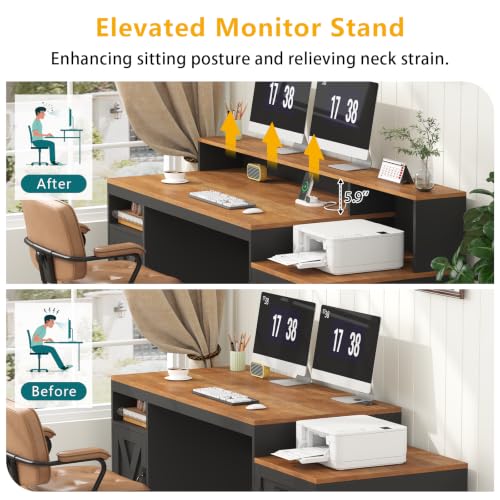 65" Farmhouse Computer Desk with Drawers and Printer Stand for Home Office - color: Brown and Black