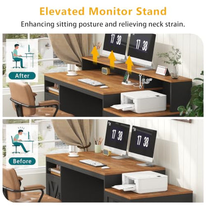 65" Farmhouse Computer Desk with Drawers and Printer Stand for Home Office - color: Brown and Black