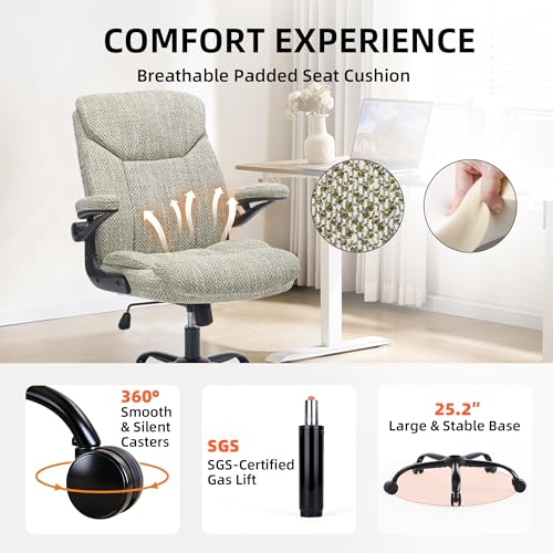 Ergonomic Home Office Chair Fabric Comfy Computer Chair, Mint Green | Flip-up Armrest, Height Adjustable, Lumbar Support, 360° Swivel Wheels Managerial Executive Chairs for Work Gaming Home Use - color: Mint Green