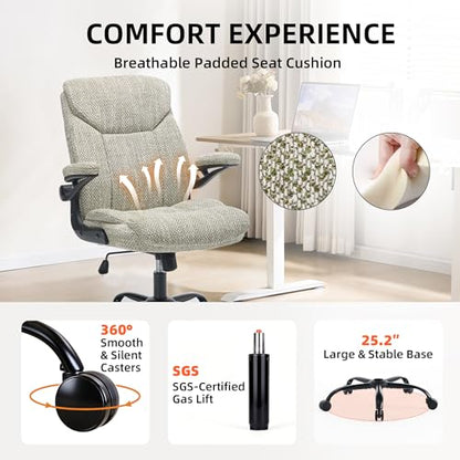 Ergonomic Home Office Chair Fabric Comfy Computer Chair, Mint Green | Flip-up Armrest, Height Adjustable, Lumbar Support, 360° Swivel Wheels Managerial Executive Chairs for Work Gaming Home Use - color: Mint Green