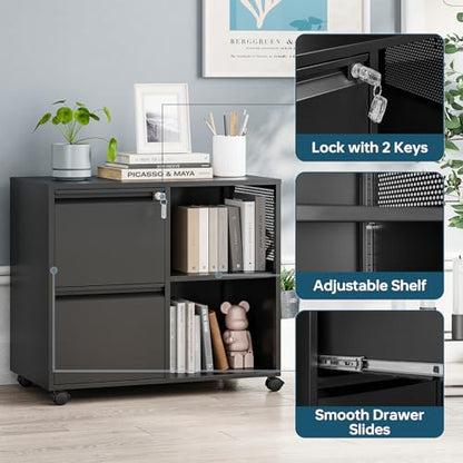 MIIIKO 2 Drawer File Cabinet with Lock, Metal Lateral Rolling Printer Stand Filing Cabinets with Drawers for Home Office,A4, Letter Size File Folders(Black) - color: Black, size: 2 Drawer-31.5"W -Mobile-a
