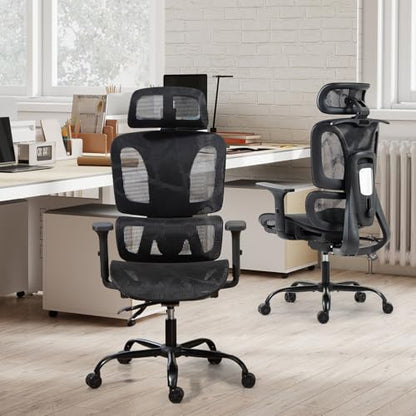 Black Ergonomic Mesh High Back Office Chair | Lumbar Support, Adjustable Headrest, 3D Armrests, Reclining, Breathable Mesh, Sturdy Base, 360° Swivel, for Office, Gaming - color: Black, style: Upgrade w/o footrest