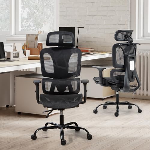 Black Ergonomic Mesh High Back Office Chair | Lumbar Support, Adjustable Headrest, 3D Armrests, Reclining, Breathable Mesh, Sturdy Base, 360° Swivel, for Office, Gaming - color: Black, style: Upgrade w/o footrest