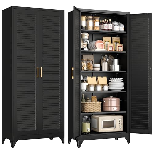 Polup 75" Pantry Cabinet, Tall Metal Storage Cabinet with Doors and Shelves | Black Kitchen Cabinet, 5 Adjustable Shelving, Heavy-Duty Steel, Louvered Doors, Gold Handles, for Garage Office & Laundry - color: Black, size: 75"H - Louvered Door