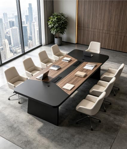 Ceridwen 8FT Conference Table, Rectangular Boardroom Table with Built-in Power & USB-C Ports, Heavy-Duty Meeting Table with Thick Tabletop & Trapezoid Legs for Office Conference Room - color: Walnut