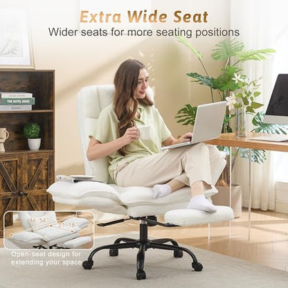 Wider Seat Office Chair with Flip Armrests for Criss Cross Legged&Cats, Big and Tall Executive Ergonomic Reclining Chair with Footrest&Lumbar Pillow, Teddy Fleece Desk Chair,White Vanity Chair - color: White