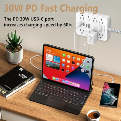 Surge Protector Power Strip 10 Ft, USB C Power Strip (PD 30W)