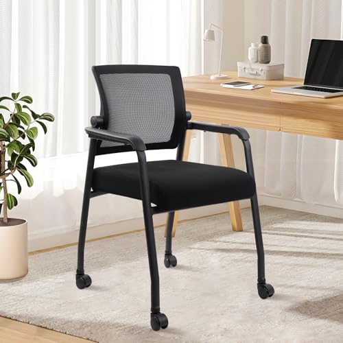 KLASIKA Waiting Room Office Reception Stackable Chairs with Wheels Ergonomic Mesh Back Home Desk Chair with Thick Cushion and Arm for Guest Conference Meeting Lobby Church Medical (1 PK) - color: Black, size: 1 PK