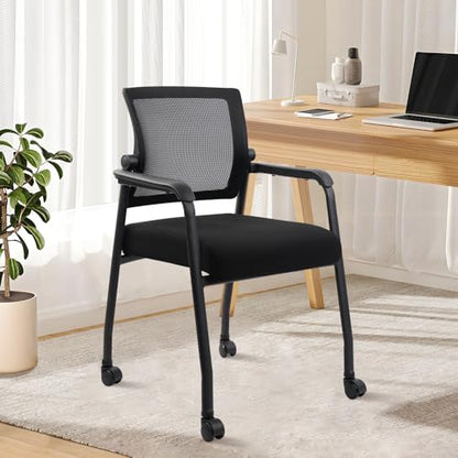 KLASIKA Waiting Room Office Reception Stackable Chairs with Wheels Ergonomic Mesh Back Home Desk Chair with Thick Cushion and Arm for Guest Conference Meeting Lobby Church Medical (1 PK) - color: Black, size: 1 PK