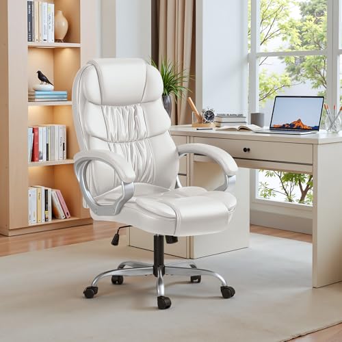 Homall Office Chair High Back Computer Desk Chair, PU Leather Adjustable Height Modern Executive Swivel Task with Padded Armrests and Lumbar Support (White) - color: White