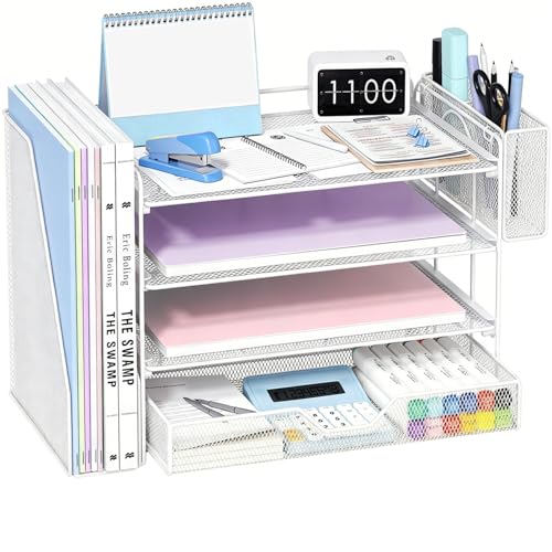 Desk Organizers and Accessories, 4-Tier Desktop File Organizer with Drawer and Pen Holders, Office Desk Accessories Workspace Organizers for Office Supplies (Soft White) - color: Soft White, size: 4T