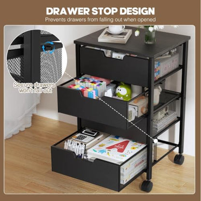 Rolling Cart with Drawers, Wooden Top and Front | Metal Under Desk Storage Cart with 4 Drawers and Wheels, for Office, Bedroom, Classroom, Home, Black - color: Black