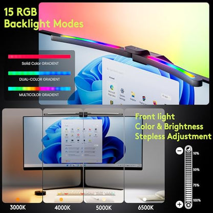 Quntis Curved Monitor Light Bar 15 RGB Backlight for 34"+ Screens, Computer Bar Lights Foldable Dual Light with Color Temperature Brightness Stepless Dimming, No Glare Desk Lamp for Home Office Gaming