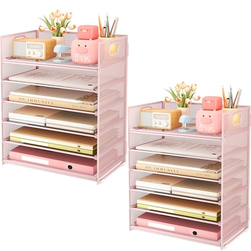 Subekyu 6-Tier Desk Paper Organizer, Desktop File Letter Tray with Handle, Document Sorter and Accessories Holder for Office, Home and School Workspace Organizers, Pink-2 Pack - color: 2 Pack 6-tier - Pink