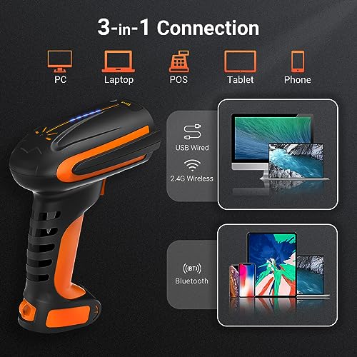 Tera Barcode Scanner Wireless with Stand: Industrial Drop-Resistant Orange | IP66, BT 2.4G USB, 640*480 CMOS Global, 1D 2D QR Reader, 650 Scans/Sec, 2500mAh, Warehouse Logistics Retail Library School