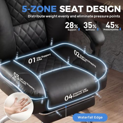 GTPLAYER Executive Office Chair Big and Tall Leather Gaming Chair with Pocket Spring Cushion & Ergonomic Lumbar Support for Lower Back Pain Relief, Comfy Desk Chair with Footrest, Black - color: Black, Leather