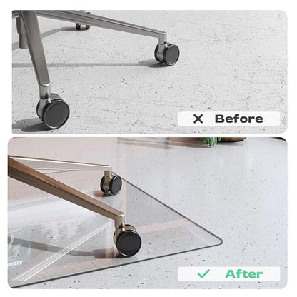 Tempered Glass Chair Mat, 55" x 48" Heavy Duty Chair Mat Round Corner with Polished Edge, Clear Office Chair Mat for Office Home Hard Floor Carpeted, Transparent, Glides Smoothly, Easy Clean - size: 55" x 48"