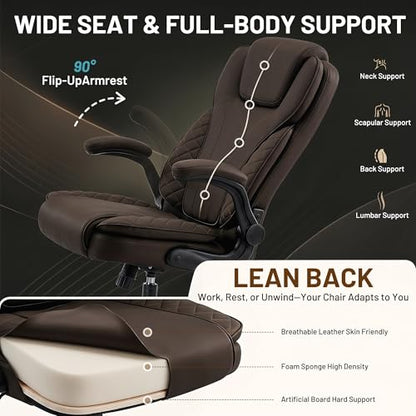Ergonomic Office Chair, PU Leather High Back Executive Chair with Adjustable Inflatable Lumbar Support and Padded Flip-Up Arms, Recline Swivel Task Computer Chair for Home Office, Dark Brown - color: Dark Brown