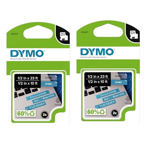 DYMO Authentic D1 Labels 1/2-Inch x 23-Foot Roll Black Print on White Self-Adhesive For LabelManager Label Makers 2-Pack - size: 2 Pack