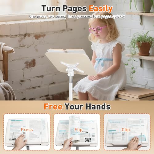Rolling Book Stand with Wheels for Reading, Floor Standing Book Holder with Page Clips, 19"–51" Height Adjustable, Sturdy Podium Stand for Reading, Bible, Laptop, Cookbooks, or Projector - size: White with roller