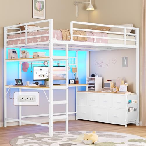 DICTAC Loft Bed Full Size with U-Shaped Desk,7 Storage Drawers and Charging Station,Metal Full Loft Bed with Led Lights and 2-tier Storage Shelves,loft full bed with Safety Guardrail and Ladders,White - color: White, size: Full