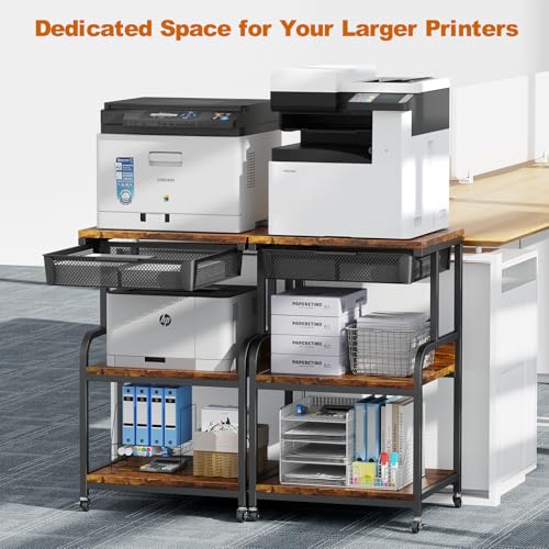 Large Printer Stand with Drawer, 3-Tier Industrial Rolling Cart | 5 Adjustable Shelves, Mobile Printer Table for Desk & Home Office, Fits 3D Printer, Scanner and Fax Machine Rustic Brown - color: Rustic Brown, size: Large(19.7"L X 15.7"W X 32.2"H)