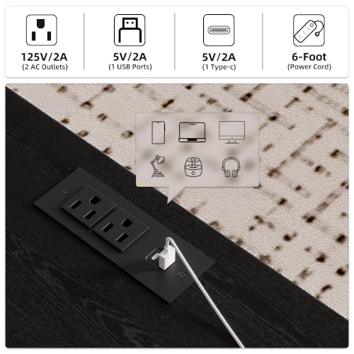 55.1" Fluted Executive Desk with Drawers, Wood Computer Desk with Storage Cabinet, Home Office Desk with Charging Station, Farmhouse Desk with File Cabinet for Office Home - color: Black With 4 Legs