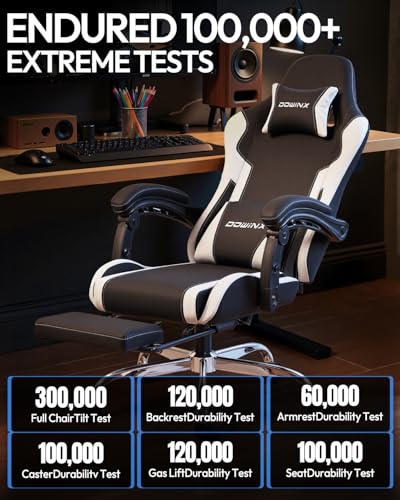 Dowinx Ergonomic Gaming Chair with Footrest & Massage Lumbar, 2D-Linkage Armrests for Computer Chair 330lbs with Headrest Pillow for Office, Home, Streaming and Long Gaming Sessions, White - color: White