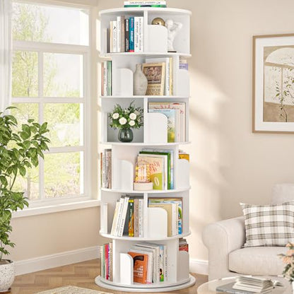 Aheaplus 5 Tier Wood Rotating Bookshelf, 360° Spinning Book Shelf Tower - color: White, size: 6-Tier