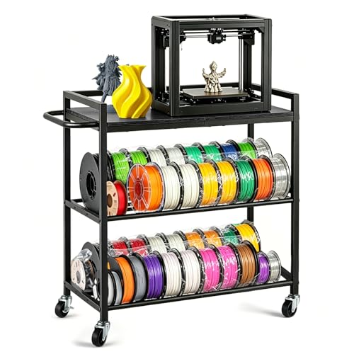 3D Printer Stand with Filament Storage, 3-Tier 3D Printer Desk Table Black | Wood Shelves, Wheels and Foot Pads, Compact Printer Shelf for Small to Medium Printers, Tools, PLA and Resin Storage