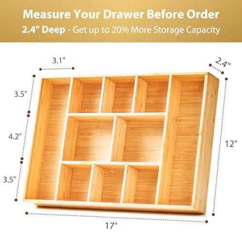 Umilife Extra Large Bamboo Desk Drawer Organizer, Wood Junk Organizer Tray with Adjustable Dividers, Anti-Skip Storage Organization in Office Bathroom Drawer for Vanity, Makeup, 17" x 12" - size: 17"x12"